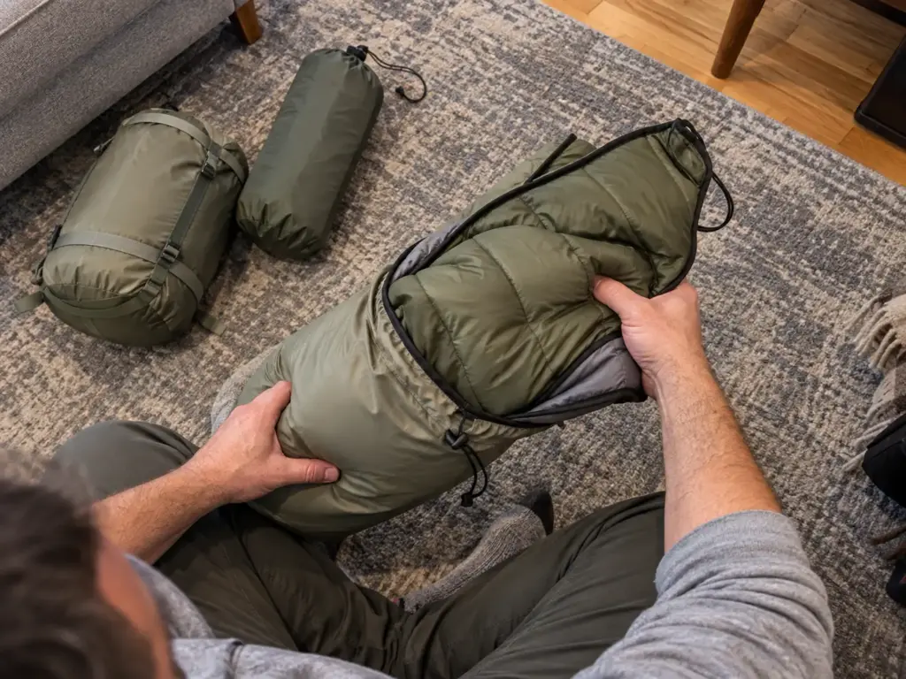 Man on a living-room floor pulling a hammock underquilt out of its stuff sack beside the hammock and tarp stuff sacks