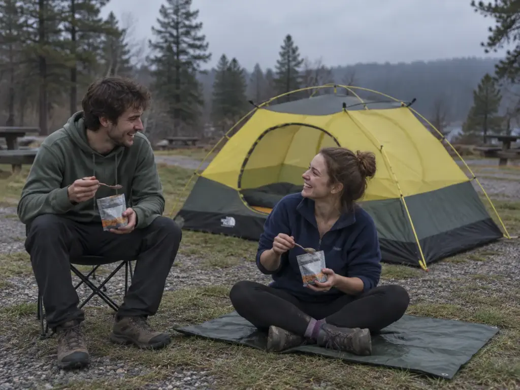 Two friends eating dinner outside a pitched The North Face Stormbreak 2 tent at an evening campground