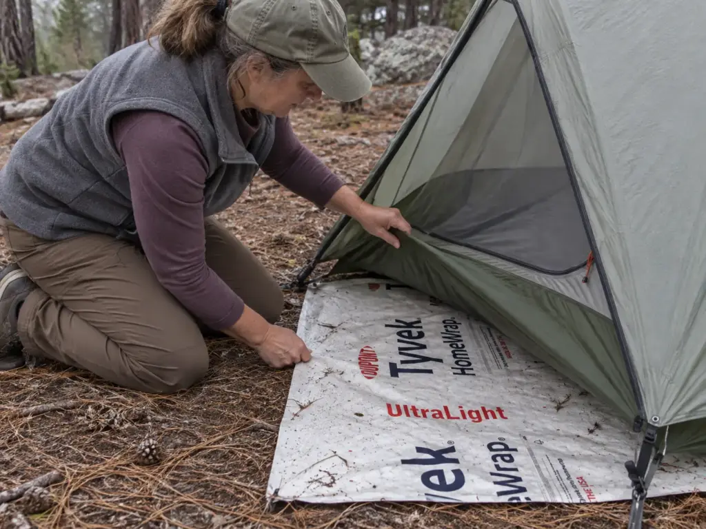 Woman kneeling at the corner of a pitched tent, tucking the edge of a Tyvek ground sheet under the tent floor
