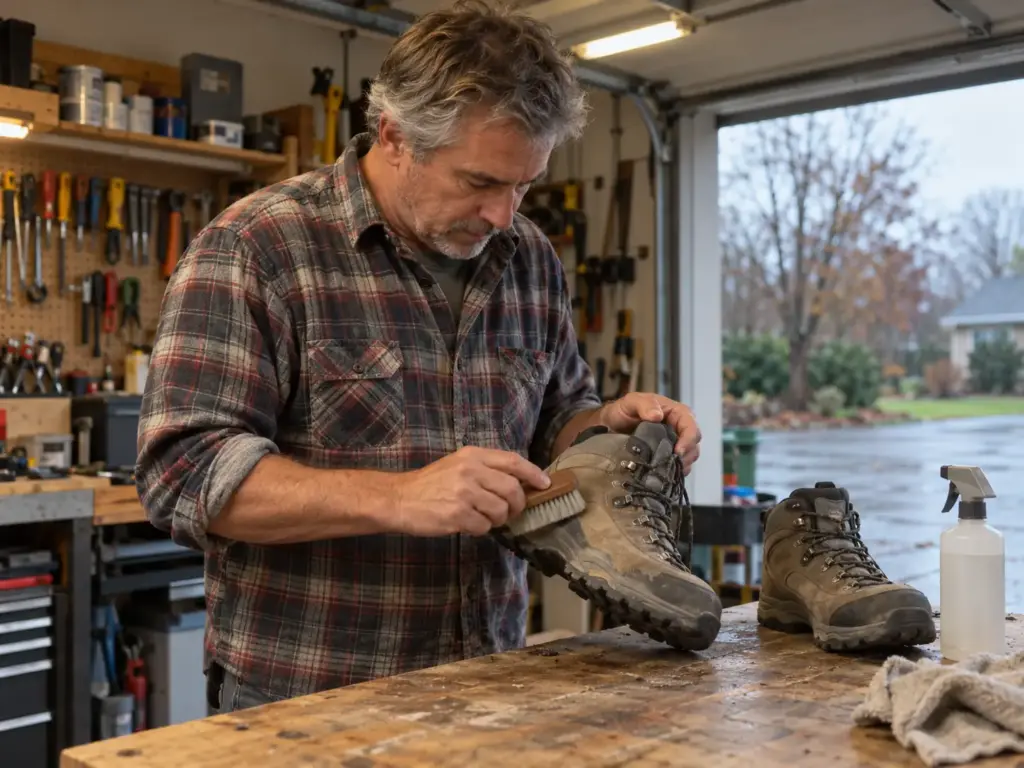 Man brushing dried dirt from a pair of used waterproof hiking boots on a garage workbench before reproofing them