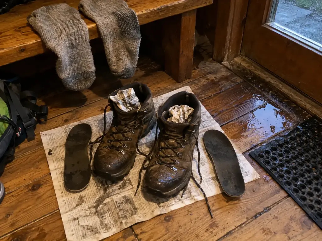 Wet hiking boots with insoles pulled and paper stuffed inside, drying with wool socks on a backcountry hut bench