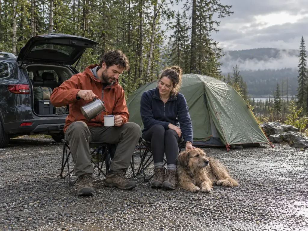 Couple and their dog at a car camping site beside a hatchback and a pitched dome tent after a rain shower
