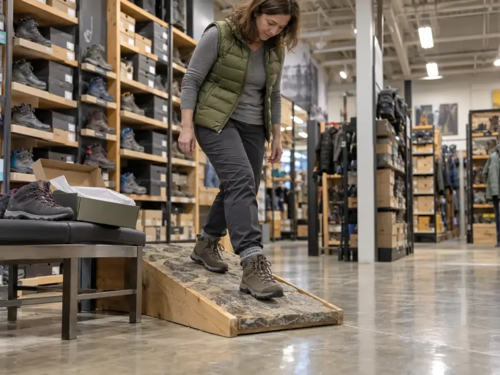 A woman steps down a test ramp in a gear store in new mid-cut hiking boots, checking how her toes feel on the descent