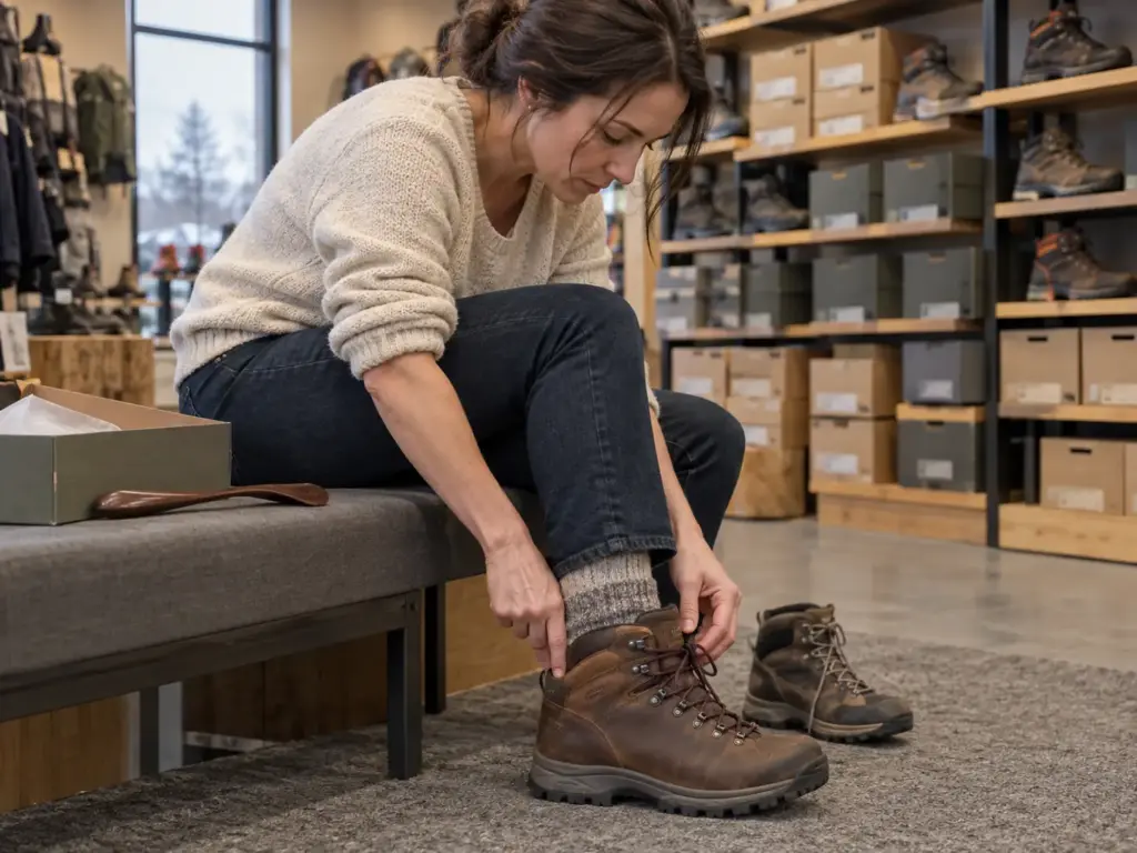 Woman on a fitting bench wearing a men's hiking boot and checking the heel room with two fingers in a gear shop