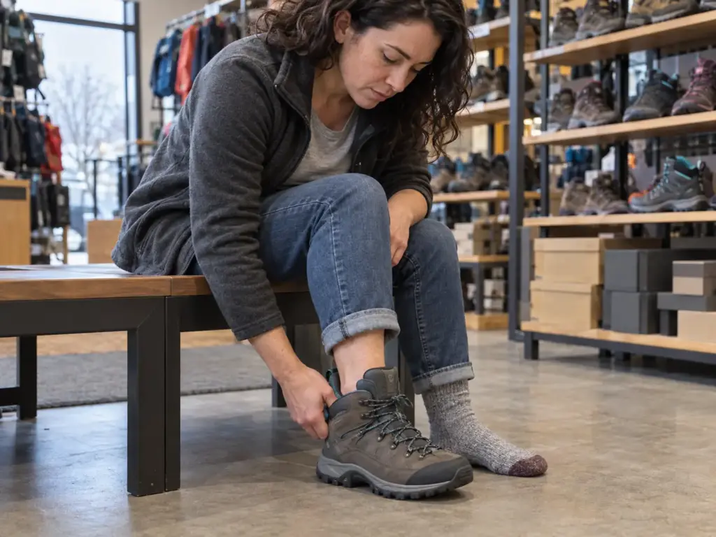 Woman checking the heel fit of a women's hiking boot on a bench in an outdoor gear shop, thumb pressed at the heel