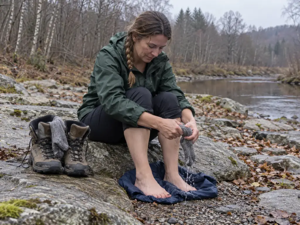 Hiker resting beside a creek with her waterproof hiking boots and damp wool socks off to dry on a flat rock