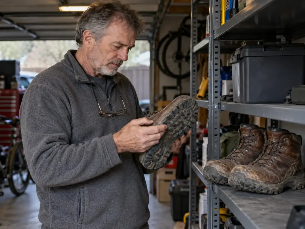 Man in a garage holding a worn leather hiking boot upside down beside a second older pair on a shelf, reading the soles