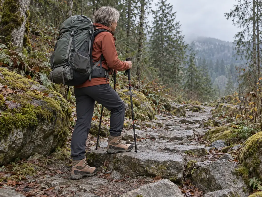 Woman in La Sportiva Nucleo High II GTX women's hiking boots pausing on a rocky trail with a loaded backpack