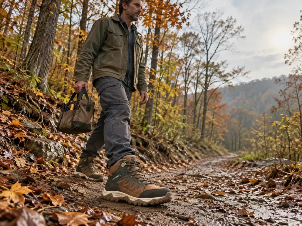 Man in his 40s walking a packed-dirt service trail through hardwoods in Merrell Windoc Waterproof Steel Toe Mid boots