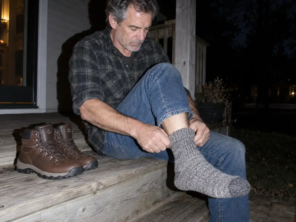 Man in his fifties pulling on a thick wool sock on a porch step at dusk beside a pair of new hiking boots