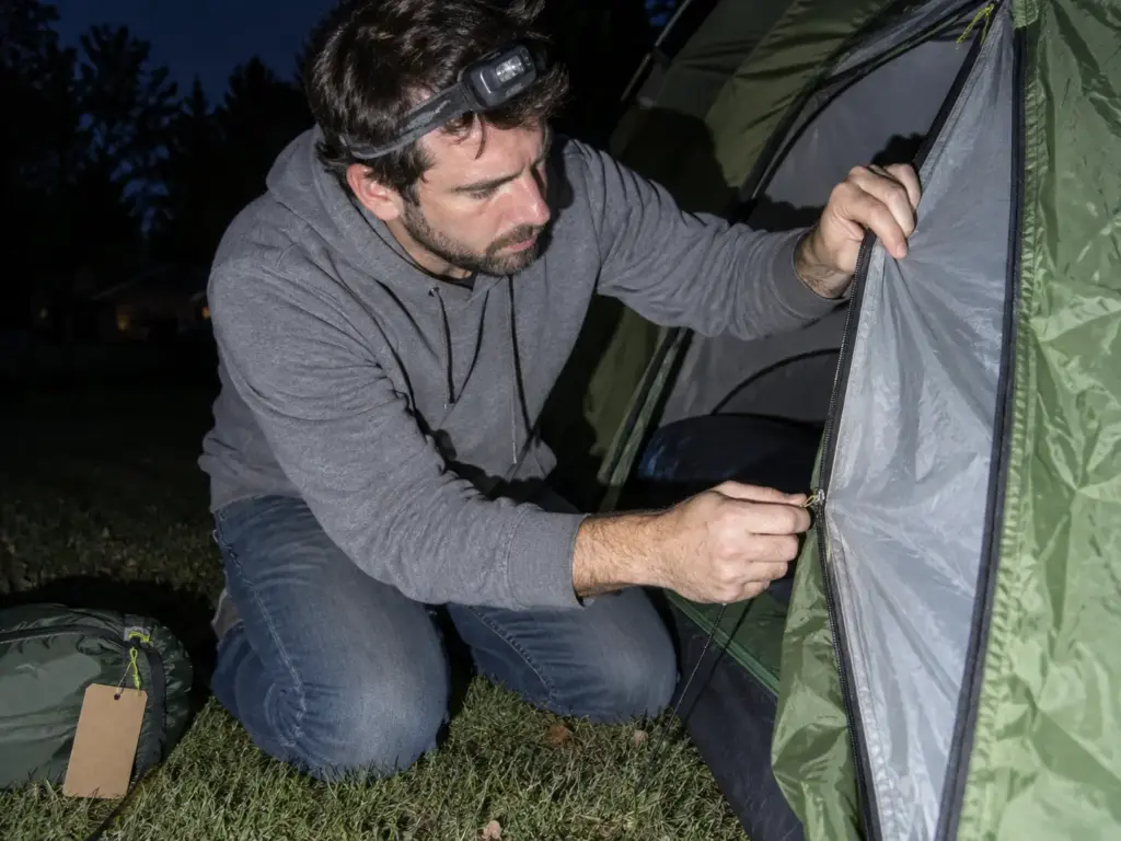 Man checking the zipper and fabric of a newly bought tent pitched on his front lawn at dusk, tags still attached