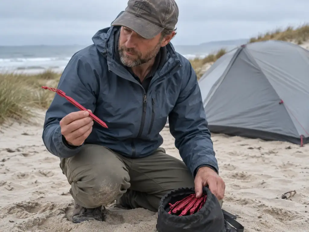 Man kneeling on coastal sand holding an MSR Groundhog tent stake beside the stake bag with a pitched tent behind him