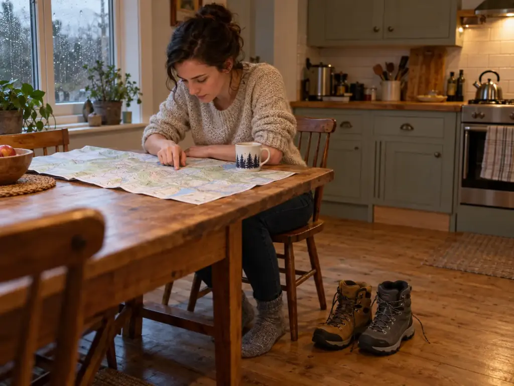 Woman planning a wet-weather hike with a paper trail map and two women's hiking boots beside her kitchen chair