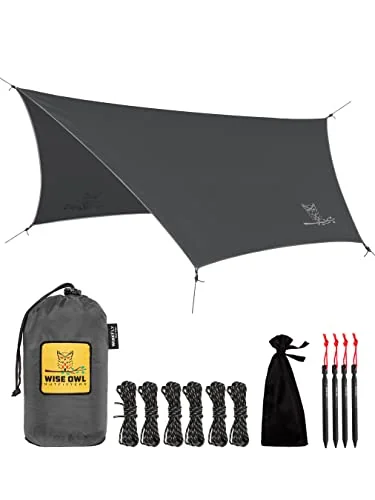 Wise Owl Outfitters Hammock Rain Fly, an 11 x 9 ft hex tarp with taped seams for hammock camping