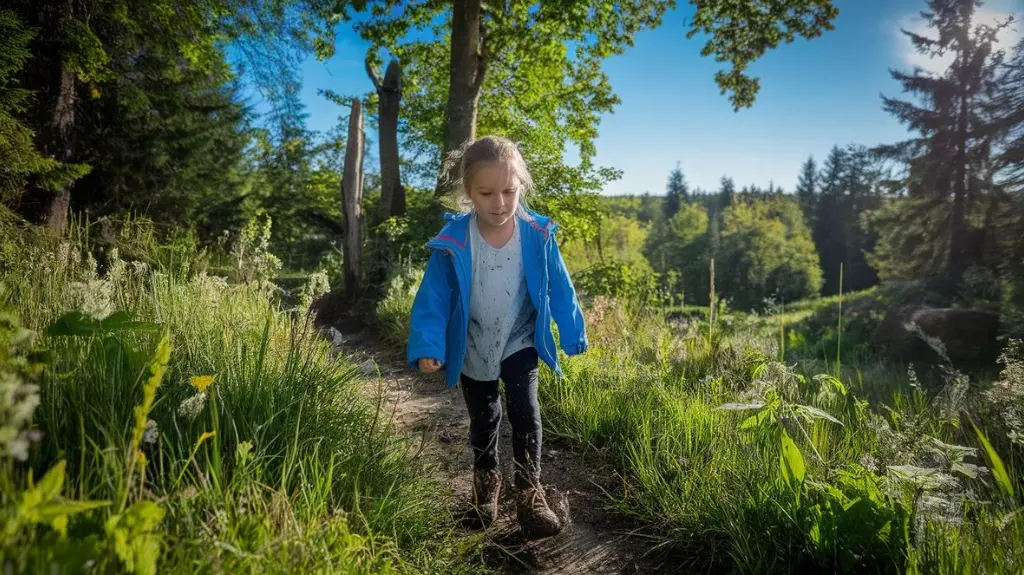 Best Kids Hiking Shoes Size 13 Girls: Adventure-Ready Picks A vibrant scene of a young girl hiking on a sun-dappled forest trail, showcasing colorful size 13 hiking shoes splashed with mud, surrounded by lush greenery and wildflowers under a clear blue sky