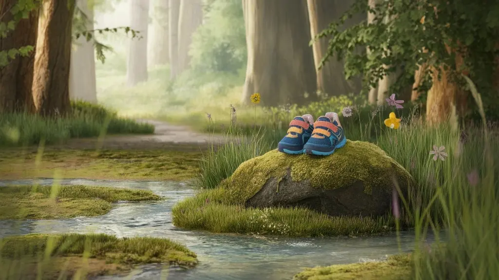 Best Toddler Hiking Shoes: Little Feet, Big Adventures A vibrant forest path, sun-dappled with soft light filtering through tall trees. Tiny, colorful toddler hiking shoes perched on a mossy rock, surrounded by playful wildflowers and gentle streams, inviting adventure in nature.
